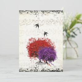 Muzikaal Hart Blad Rode Boom Vintage Vogels Bruilo Kaart