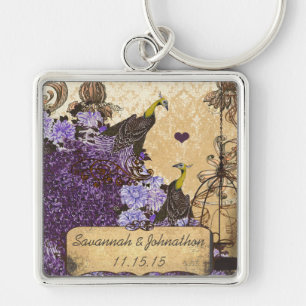 Muzikaal Vintage Aubergine Pauw Damast Sleutelhang Sleutelhanger