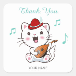 Muzikale Bard Kat met Mandoline Dank Je Vierkante  Sticker