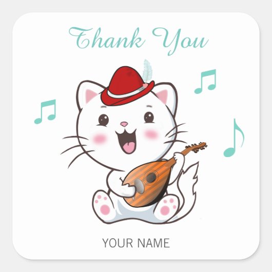 Muzikale Bard Kat met Mandoline Dank Je Vierkante  Sticker (Voorkant)