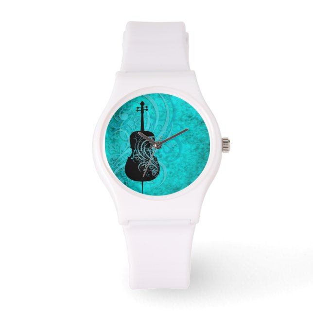 Muzikale Blauwgroen cello Horloge (Voorkant)