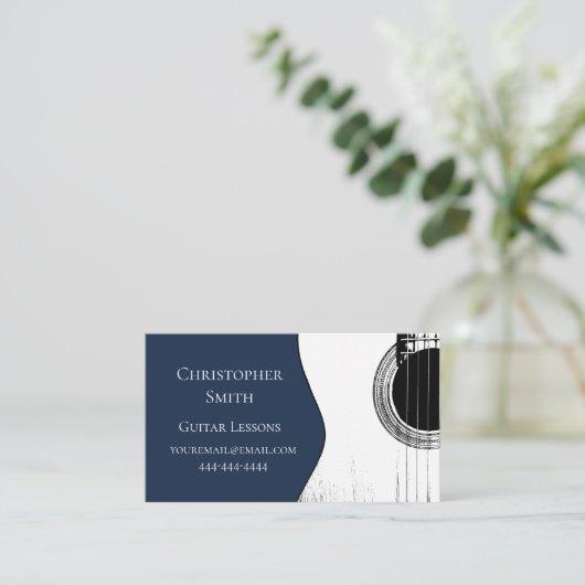 Muzikale gitaarlessen QR Code Navy Blue Visitekaartje (Staand voorkant)