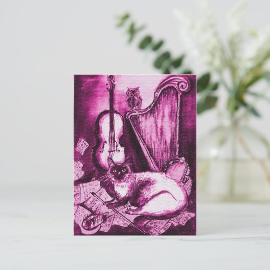 MUZIKALE KAT EN UIL ,Roze Violet en Wit Briefkaart (Staand voorkant)