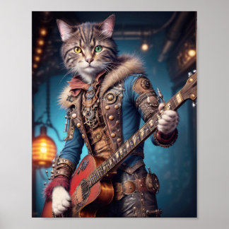 Muzikale kat in steampunk jurk in blauw die gitaar poster