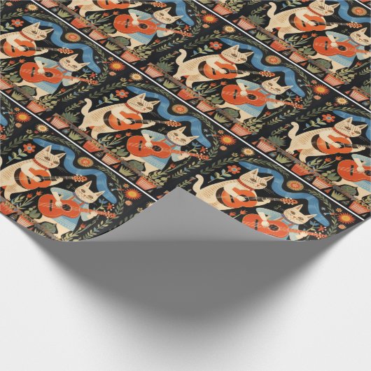 Muzikale Katten Folk Art Cadeaupapier (Hoek)