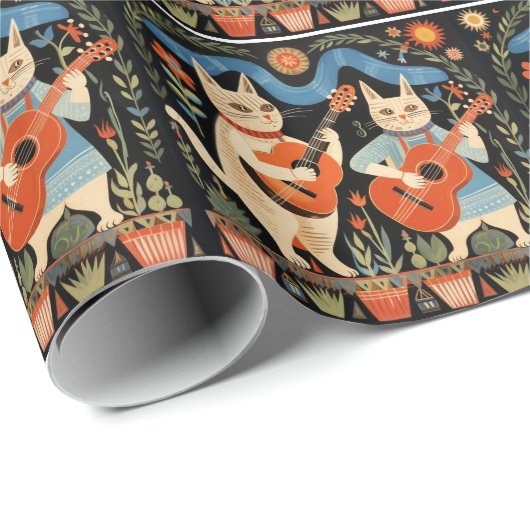 Muzikale Katten Folk Art Cadeaupapier (Rol Hoek)