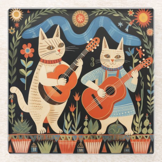 Muzikale Katten Folk Art Glazen Onderzetter (Voorkant)