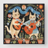Muzikale Katten Folk Art Vierkante Klok (Voorkant)