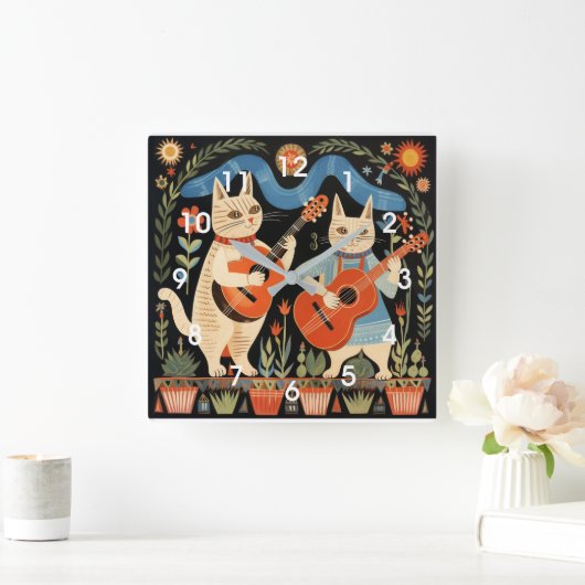 Muzikale Katten Folk Art Vierkante Klok (Huis)