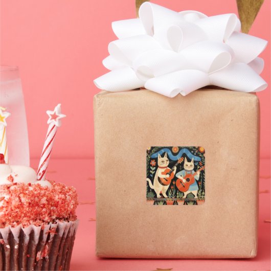 Muzikale Katten Folk Art Vierkante Sticker (Feest)