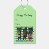 Muzikale katten op bladmuziek met groene instrumen cadeaulabel (Voorkant)