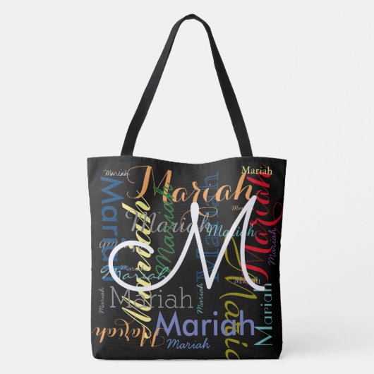 Muzikale noot & kleurrijke namen, zwart tote bag (Achterkant)