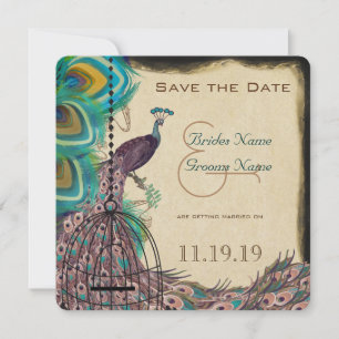 Muzikale Pauw Vogelkooi Aubergine Save the Date