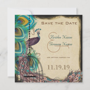 Muzikale Pauw Vogelkooi Aubergine Save the Date