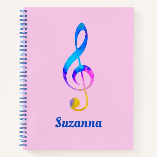 Muzikale Rainbow Swirl Treble Clef en Naam Roze Notitieboek (Voorkant)