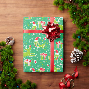 Muzikale rendieren vogel groene rode kerst verpakk cadeaupapier