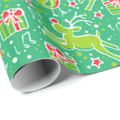 Muzikale rendieren vogel groene rode kerst verpakk cadeaupapier (Rol Hoek)