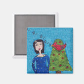 Muzikale rode vogel in Apple Tree Folk Art Magnet (Voorkant / Achterkant)