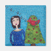 Muzikale rode vogel in Apple Tree Folk Art Magnet (Voorkant)