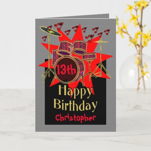 Muzikale trommel verslaat 13e verjaardag kaart (Gele Bloem)