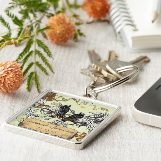 Muzikale Vintage Vogels Handgetekende Bloemen Sleu Sleutelhanger (Zijkant)