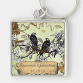 Muzikale Vintage Vogels Handgetekende Bloemen Sleu Sleutelhanger (Voorkant)