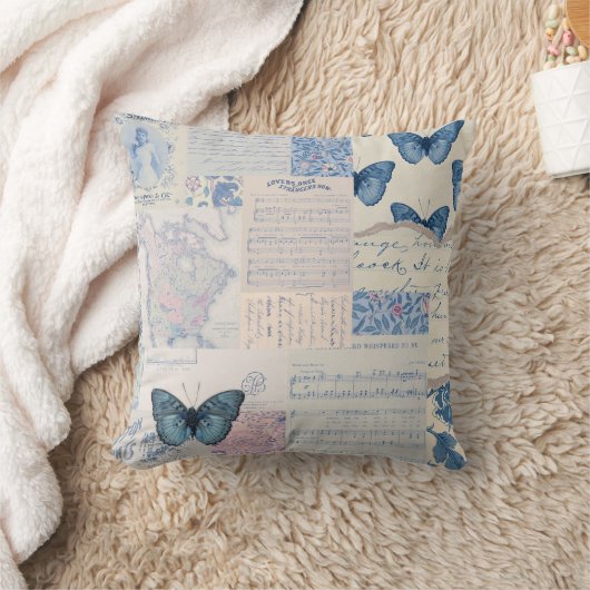 Muzikale vlindercollage in blauw en wit kussen (Deken)