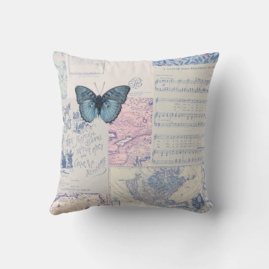Muzikale vlindercollage in blauw en wit kussen (Achterkant)