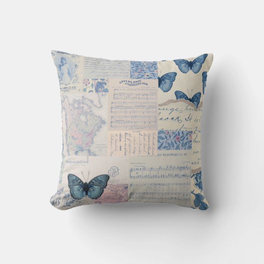 Muzikale vlindercollage in blauw en wit kussen (Voorkant)