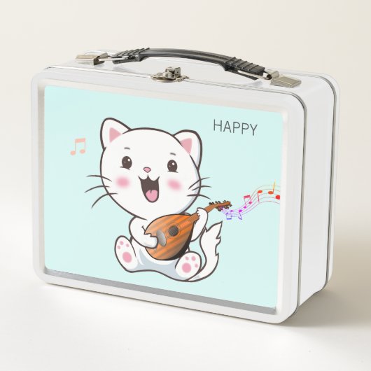 Muzikale witte kat metalen lunchbox (Voorkant)