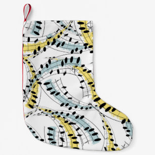 Muzikale zinnen: vrolijke witte achtergrond. kleine kerstsok