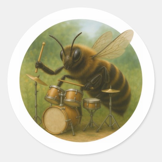 Muzikant Bee speelt drumstel Ronde Sticker (Voorkant)