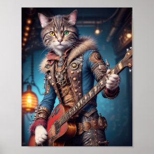 Muzikant kat in blu steampunk jurk spelen gitaar poster