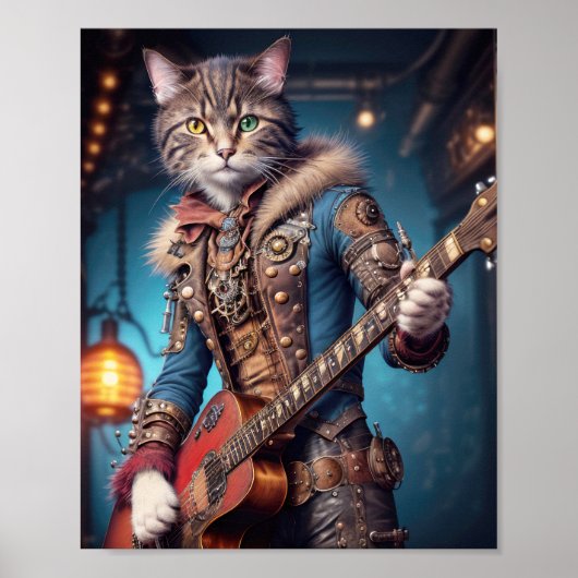 Muzikant kat in blu steampunk jurk spelen gitaar poster (Voorkant)