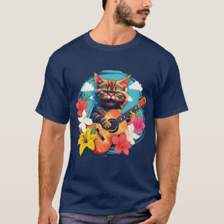 Muzikant Kat Speelt Gitaar Bloemige Rock Aloha vin T-shirt
