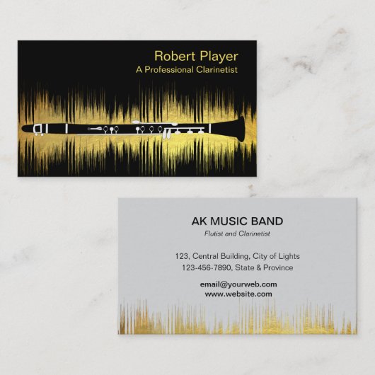 Muzikant Klarinet Speler Audio Gouden Geluidsgolve Visitekaartje (Voorkant / Achterkant)