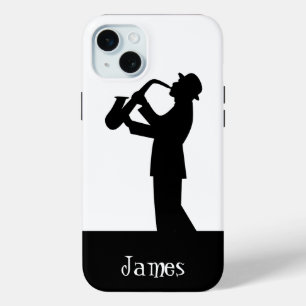 Muzikant Saxophone Silhouette-citaat Kunst aanpass iPhone 15 Mini Hoesje