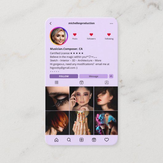 Muzikant Zanger Composer IG Licht Paarse Modern Visitekaartje (Voorkant)