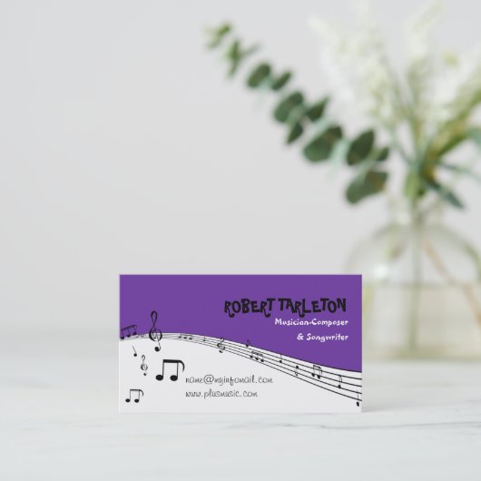 Muzikmuziek pentagram paars, wit zwart visitekaartje (Staand voorkant)