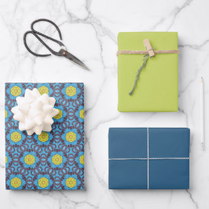 MVB Retro Blauw Patroon met Gele Bloem Ontwerp Inpakpapier Vel