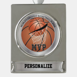 MVP Basketball Player   DIY-naam Verzilverd Banner Ornament