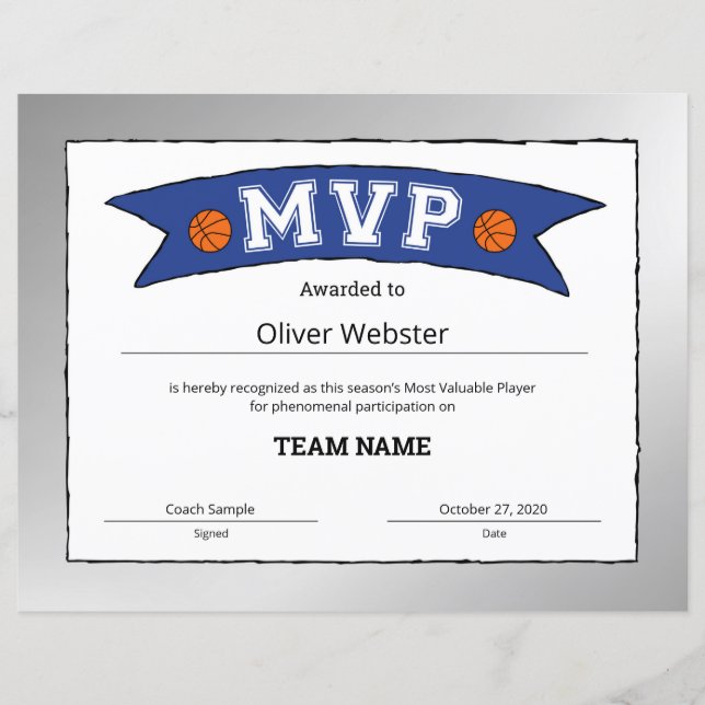 MVP Player MVP Certificates BasketballCertificates (Voorkant)