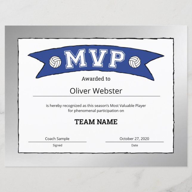 MVP Player MVP Certificates VolleyballCertificates (Voorkant)