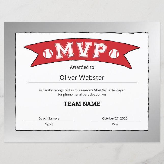 MVP Speler - MVP Certificaten Honkbal Certificaat (Voorkant)