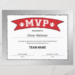 MVP Speler - MVP Certificaten Honkbal Certificaat