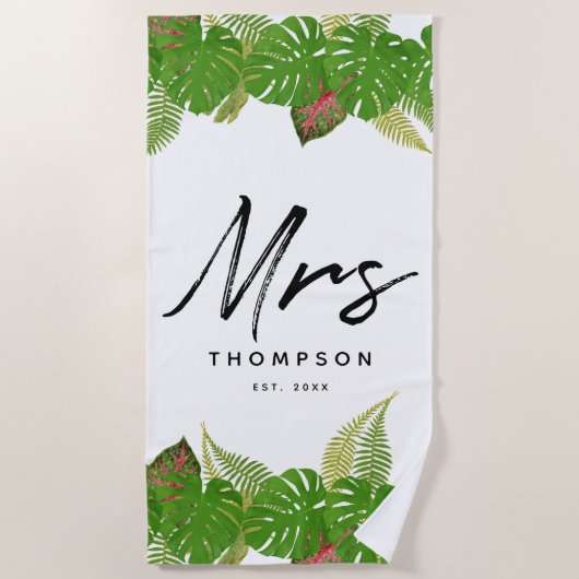 Mw. Modern Tropical Leaves Minimalist Script Strandlaken (Voorkant)