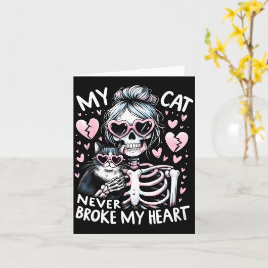 My Cat Never Broke My Heart Funny Skeleton Cat Val Kaart (Gele Bloem)