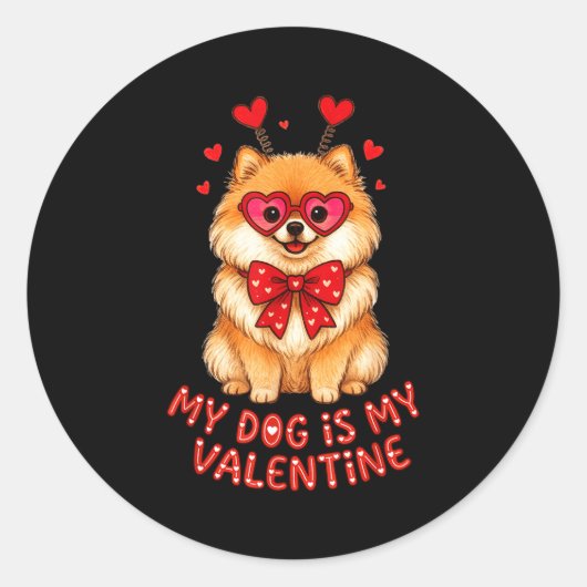 My Dog Is My Valentine Cute Meranian With Heart Gl Ronde Sticker (Voorkant)
