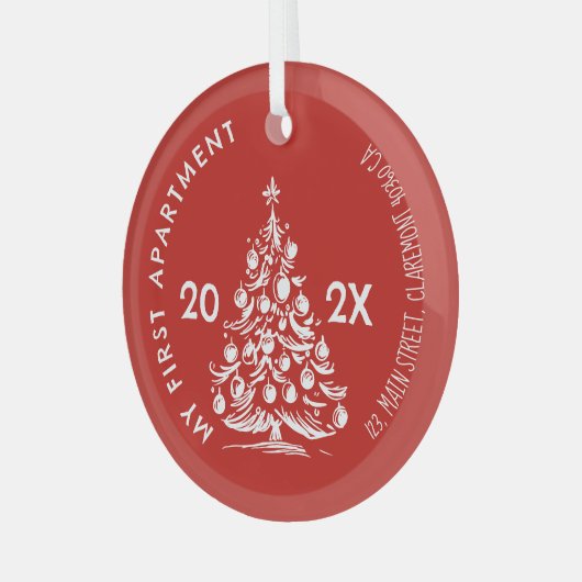 My First apartment keepsake Whimsical red Glas Ornament (Voorkant links)