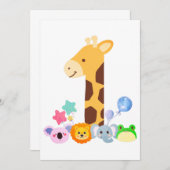 My First Birthday. Giraffe and Happy Animals Desig Bedankkaart (Voorkant / Achterkant)